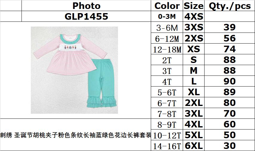 RTS NO MOQ ETA 5/7days GLP1455 Embroidered Christmas nutcracker pink striped long-sleeved blue-green lace pants suit