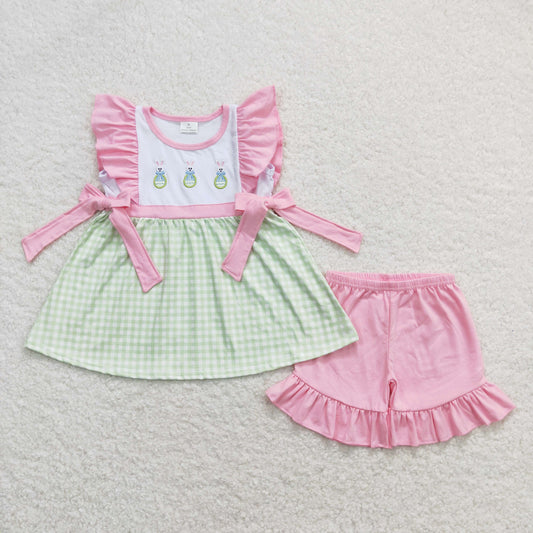 GSSO0436 Embroidery Bow Easter Egg Rabbit Green and White Plaid Pink Lace Bow Short Sleeve Shorts Suit