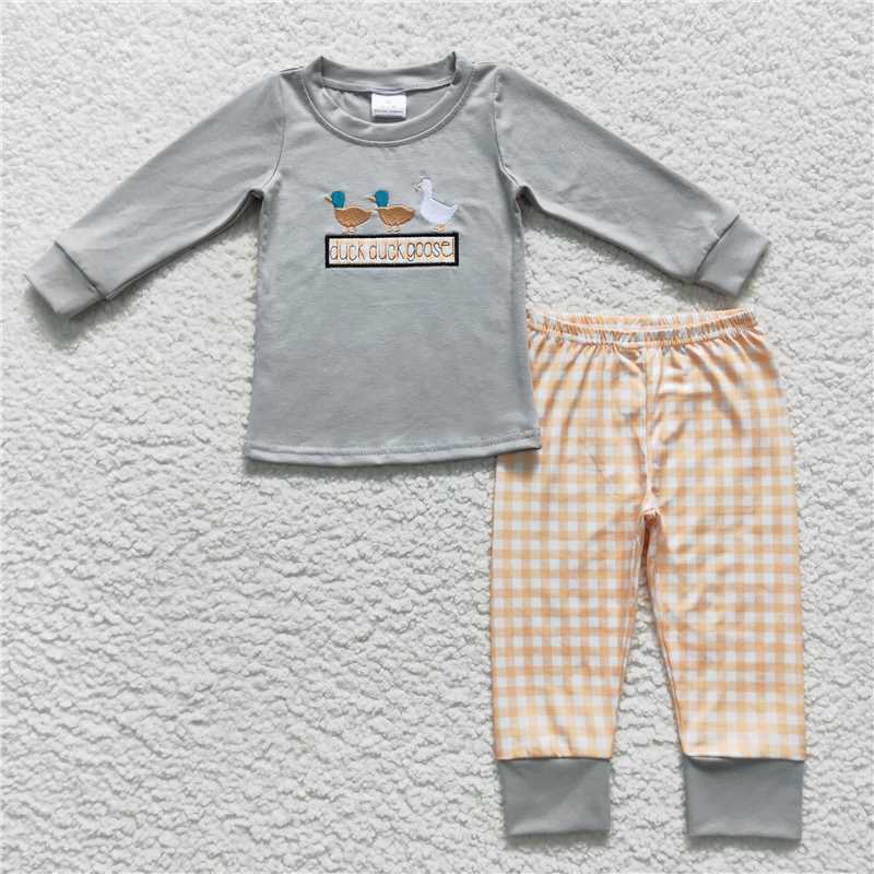 RTS NO MOQ（In Stock) BLP0310 Baby Boys embroidery Duck Pocket Top Stripes Pants Outfits Sets