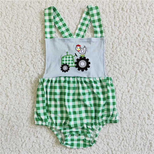 RTS NO MOQ ETA 5/7days arrived SR0019 Girls vest embroidery car chick green plaid jumpsuit