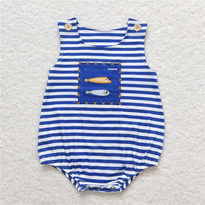 Baby Boys Fishing Blue Stripes Sibling Embroidery Summer Clothes Sets