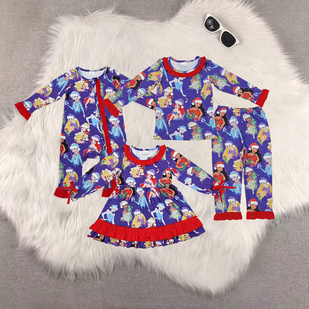 RTS NO MOQ Sibling baby girls clothes Christmas cartoon long-sleeved trousers suit & romper & dress & adult pants
