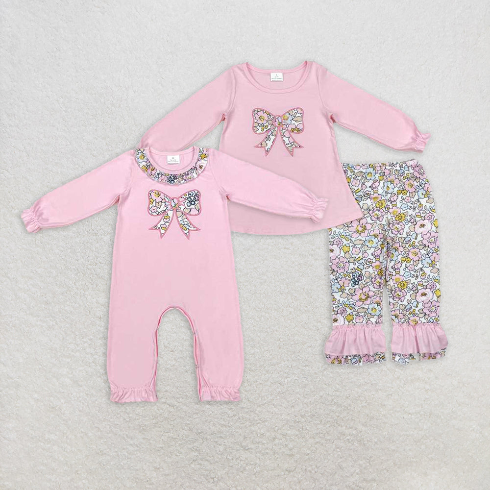 RTS NO MOQ baby girl clothes embroidery bow long sleeve Rompers Clothes Sets