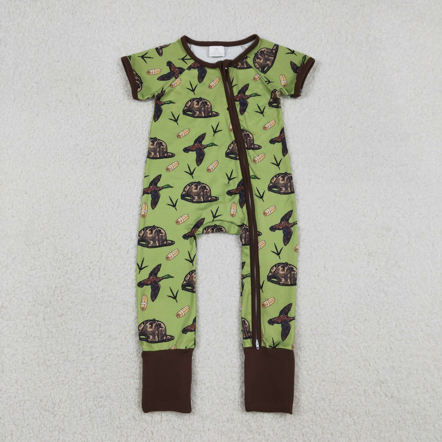 RTS NO MOQ（In Stock) Brown Green Zipper Short-Sleeve Jumpsuit with Duck Camouflage Hat
