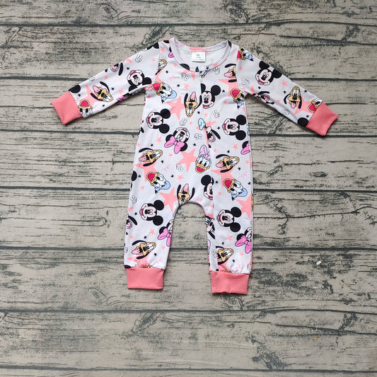 Cartoon Mickey Print Pink Zipper Long Sleeve Bodysuit