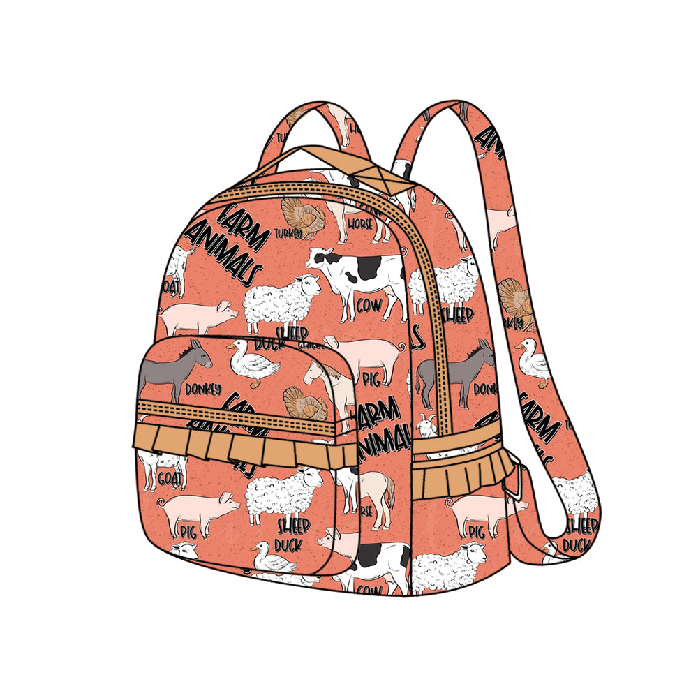 farm animals orange zipper backpack