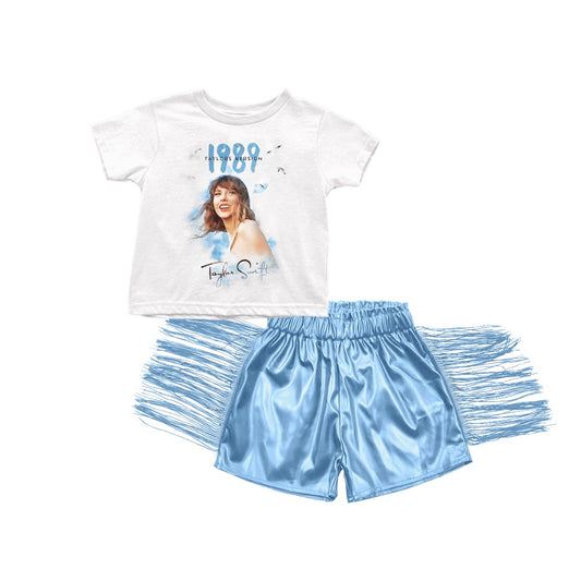 GSSO0984 1989 taylor swift white top +blue tassel leather shorts suit
