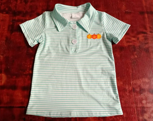 Custom moq 3 eta 6-7weeks Light green striped button-down shirt with embroidered pumpkin pattern