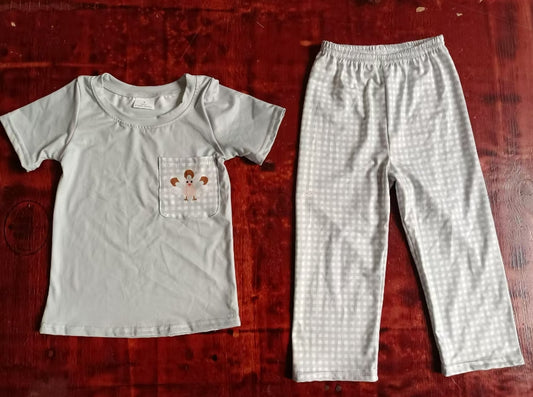 Custom moq 3 eta 6-7weeks Gray solid color short sleeves-checkered trousers suit