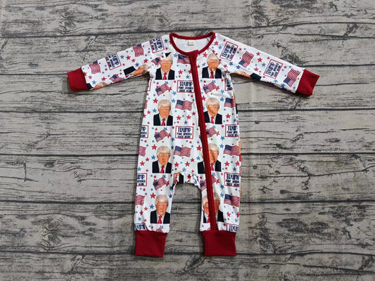 Custom moq 3 eta 6-8weeks baby boys clothes Trump zippered boys romper long sleeve romper