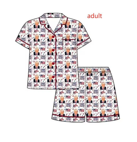 custom each style moq 3eta 6-8week adult clothes Trump baby adult short sleeve shorts sets