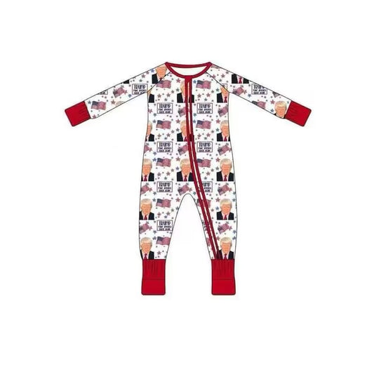 Custom moq 3 eta 6-8weeks baby boys clothes Trump zippered boys romper long sleeve romper