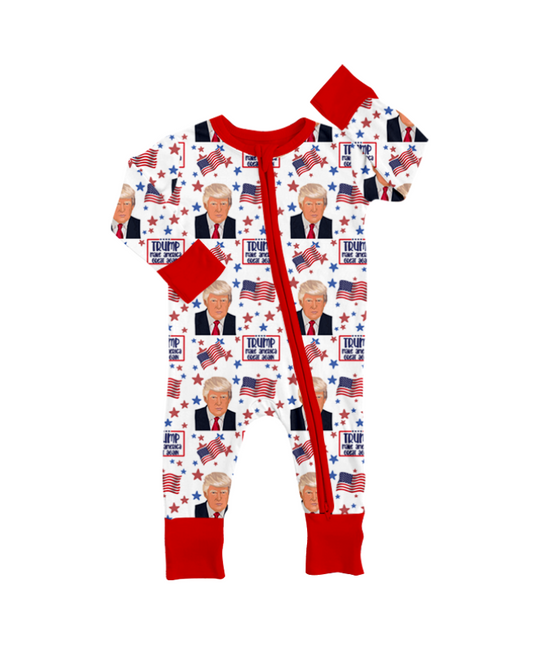 Custom moq 3 eta 6-8weeks baby boys clothes Trump zippered boys romper long sleeve romper