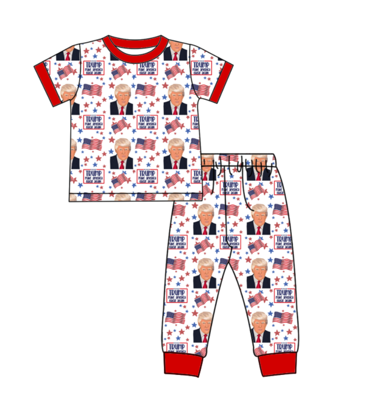 custom moq 3 eta 6-7weeks baby boy clothes Trump red short-sleeved trousers pajamas sets