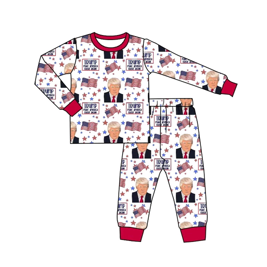 Custom moq 3 eat about 6/8weeks moq 5 eta 5/6weeks Trump red long sleeve and long pants set
