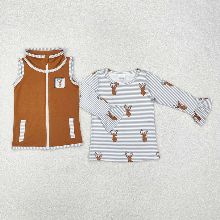 RTS NO MOQ Baby Boys and Girls Brown Elk Embroidered Sleeveless Zipper Vest + Grey Striped Long Sleeve Top Two-Piece Set