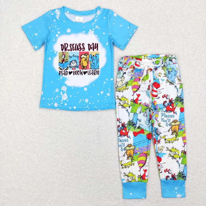 RTS NO MOQ dr seuss Blue Short Sleeve Pants Suit