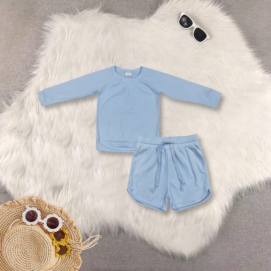 RTS NO MOQ Sibling baby girls clothes blue long sleeve top shorts yoga sets