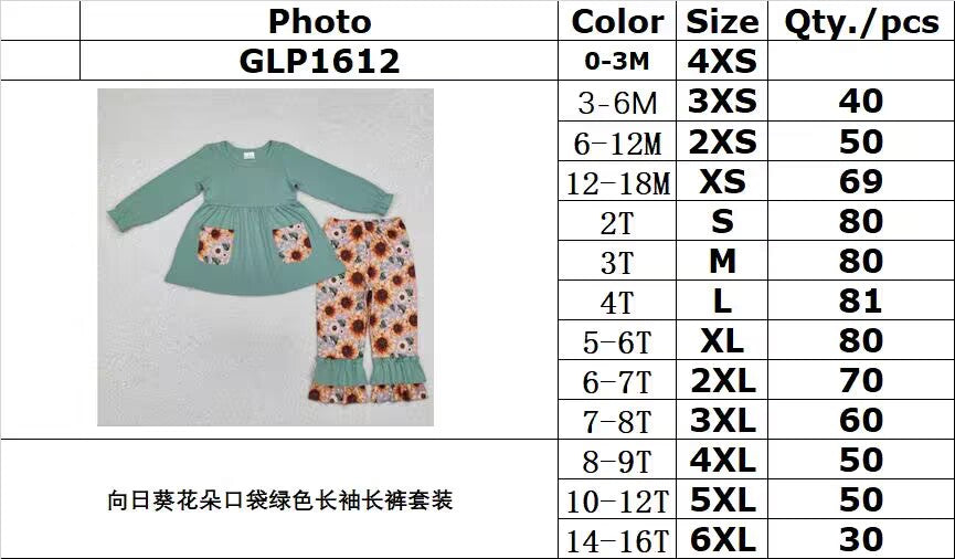 RTS NO MOQ ETA 5/7days Arrived GLP1612 Sunflower flower pocket green long-sleeved trouser suit