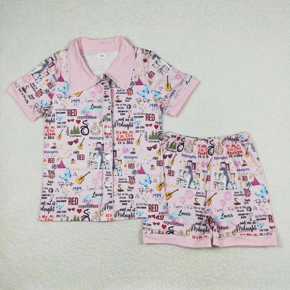 RTS NO MOQ Adult Girls Button Taylor swift Short Sleeve Shorts Pajama Set & kids shorts sets