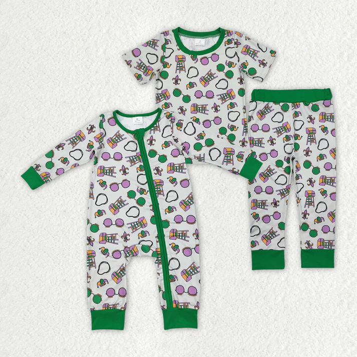 RTS NO MOQ Mardi Gras long-sleeved romper & short-sleeved pants set