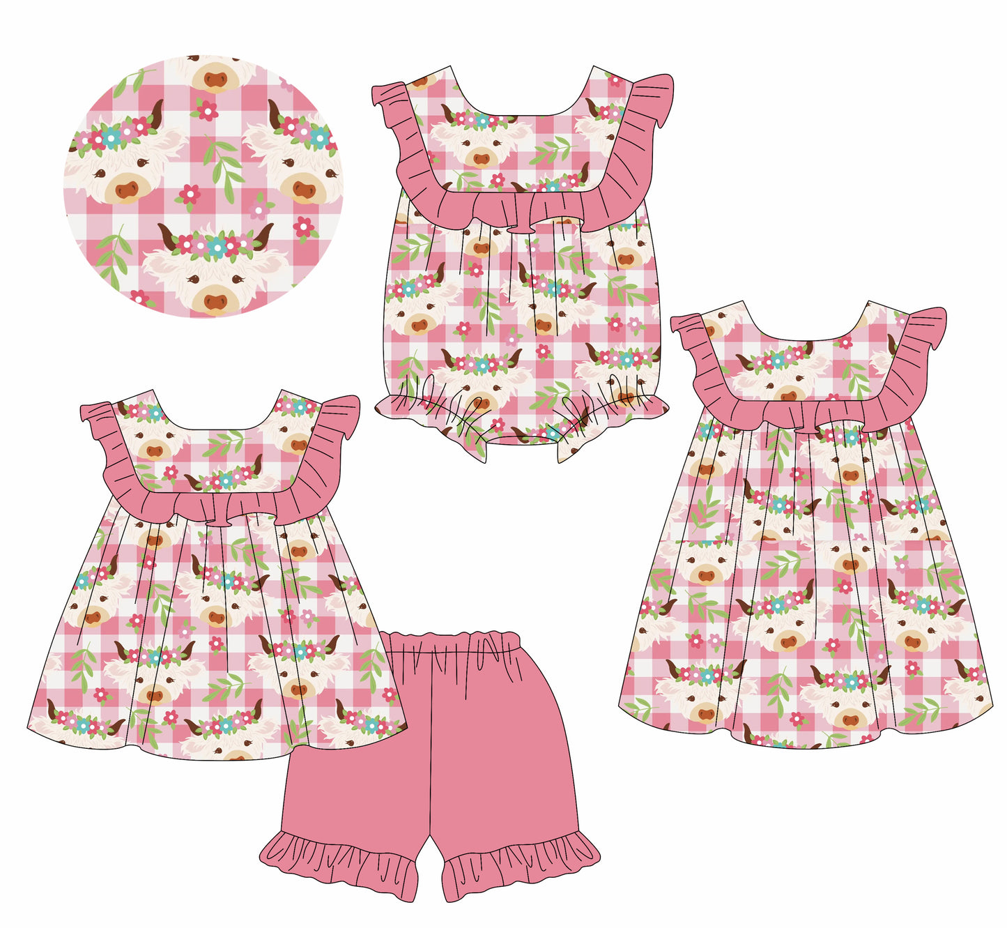 1.16 custom each style moq 5eta 4-6week Sibling Sisters cow head floral baby girl short sleeve shorts sets and dress and rompers match family design