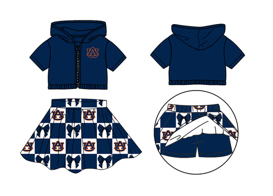 Custom moq 3 or 5 mix size milk silk summer teams baby girl clothes bow navy blue zipper hooded short sleeve shorts skirts sets-26.1.17