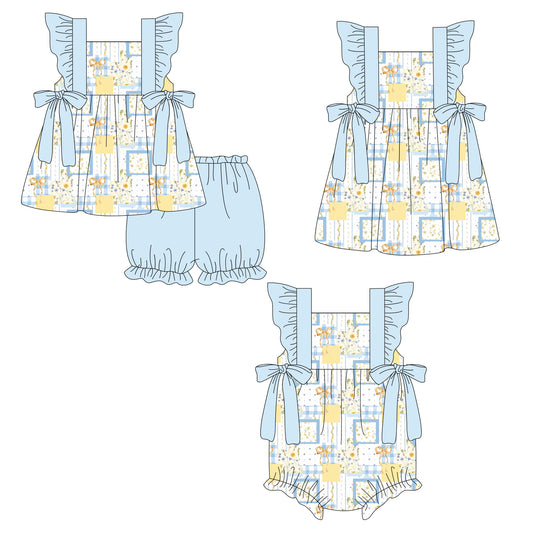 26.1.3 custom each style moq 5 eta 6-8week Sibling Sister bow floral baby short sleeve shorts sets and romper and dress match design