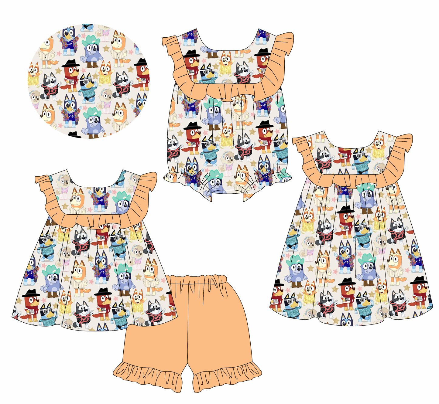 1.15 custom each style moq 5eta 4-6week Sibling Sisters cartoon dog baby girl short sleeve shorts sets and dress and rompers match family design