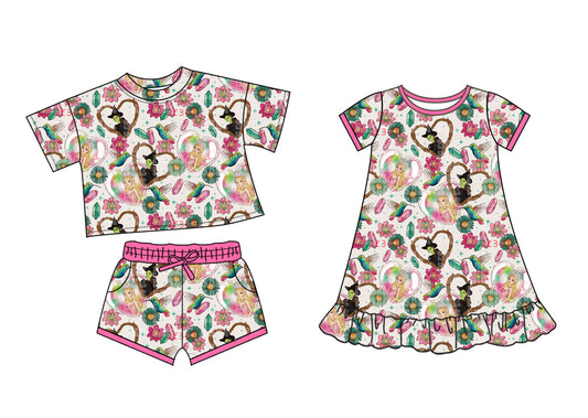25.12.2 custom each style moq 5 eta 6-8week Sibling Sister cartoon baby short sleeve shorts sets and dress match design