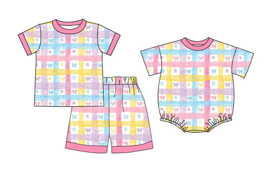 26.1.6 custom each style moq 5 eta 6-8week Sibling Sister bow baby girl short sleeve shorts sets and romper match design