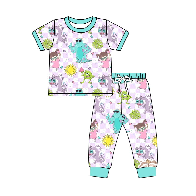 5.3custom each style moq 5eta 4-5week Sibling Sister cartoon character prints purple-white plaid girls jumpsuits and boy set and baby romper match family design