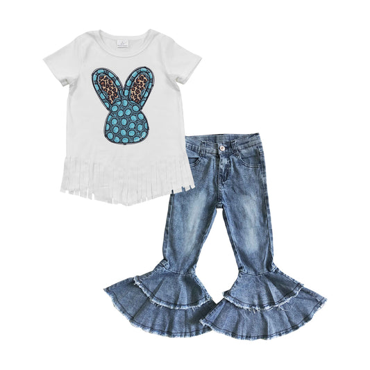 GT0136 Girls Gem Bunny White Tassel Short Sleeve Top+C5-15 Light bleached double denim flared pants