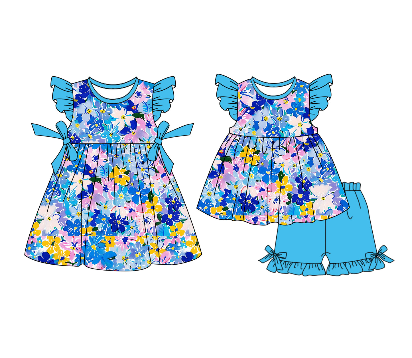 1.4 custom each style moq 5eta 4-6week Sibling Sister floral baby girl short sleeve shorts sets and dresses match design