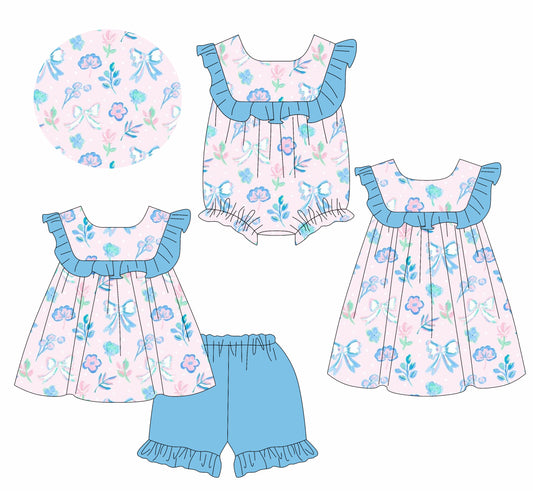 1.14 custom each style moq 5eta 4-6week Sibling Sisters bow floral baby girl short sleeve shorts sets and dress and rompers match family design