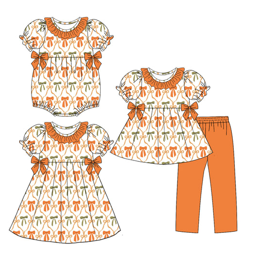 3.15 custom each style moq 5eta 4-6week Sibling Sisters bow baby girl short sleeve pants sets and dress and rompers match family design