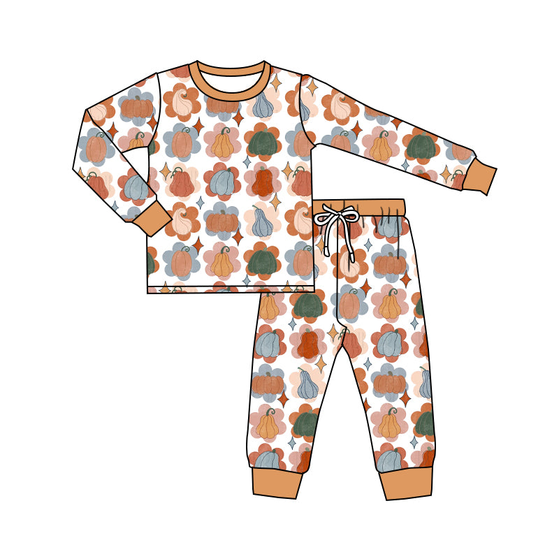 5.1custom each style moq 5eta 4-5week Sibling Sister pumpkin prints orange girls outfits and baby romper and boys outfits and jumpsuits and dress match family design