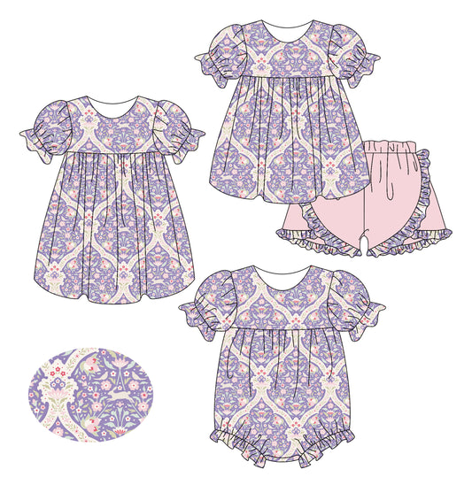 25.12.3 custom each style moq 5 eta 6-8week Sibling Sister floral baby short sleeve shorts sets and romper and dress match design