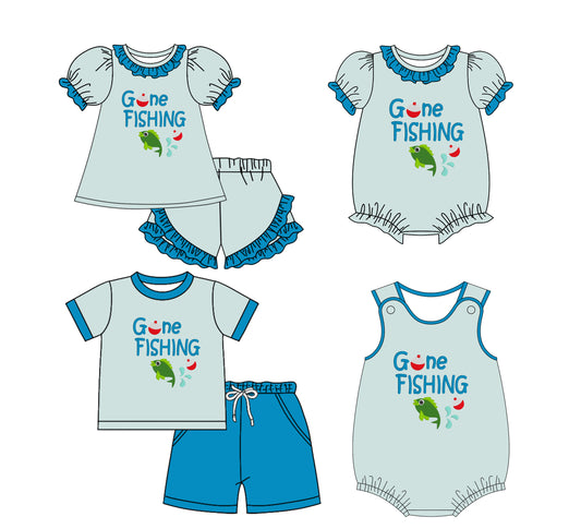 25.11.29 custom each style moq 5 eta 6-8week Sibling Sister fishing baby short sleeve shorts sets 2 and romper 2 match design