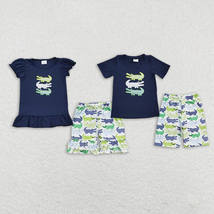 Baby Girls boys cartoon Crocodile print Navy blue boys and girls set Family siblings set