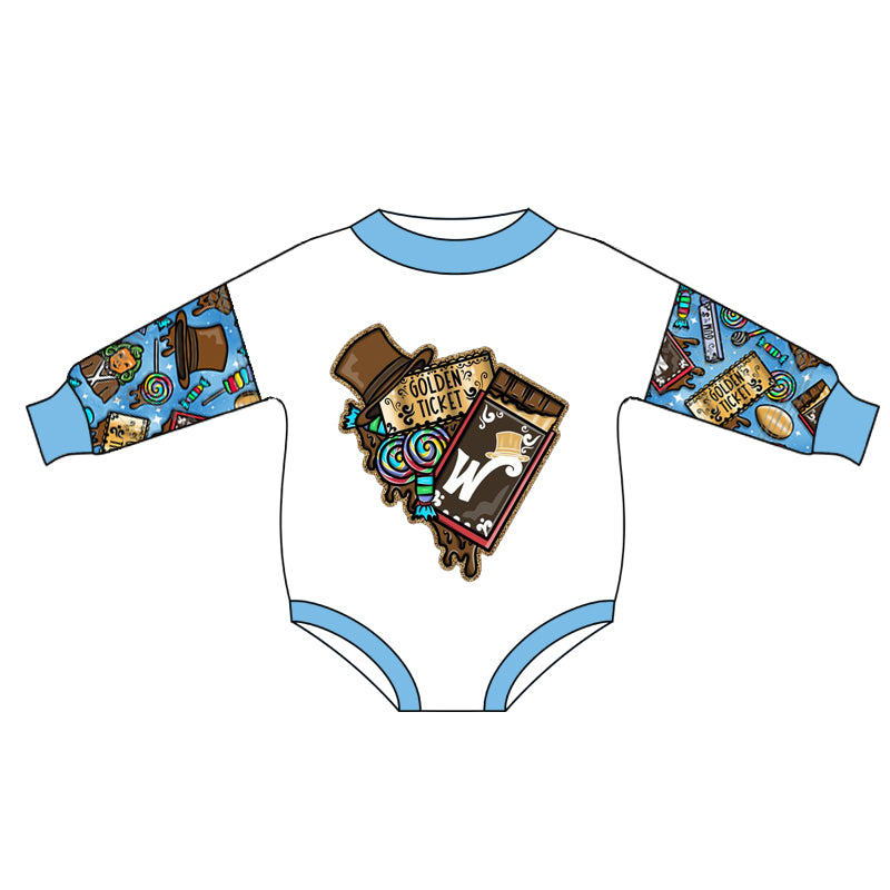 5.2custom each style moq 5eta 4-5week GOLDEN TICKET cartoon character prints blue girls outfits set and baby romper