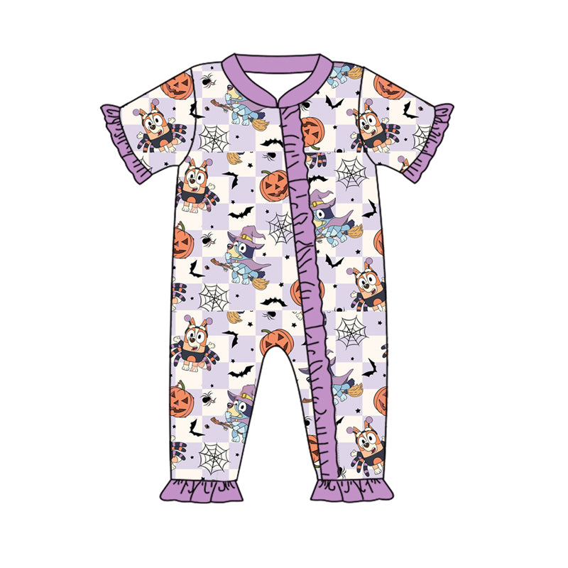 5.7custom each style moq 5eta 4-5week Sibling Sister Halloween pumpkin prints white and purple girls and boys outfits and baby romper and backpack match family design