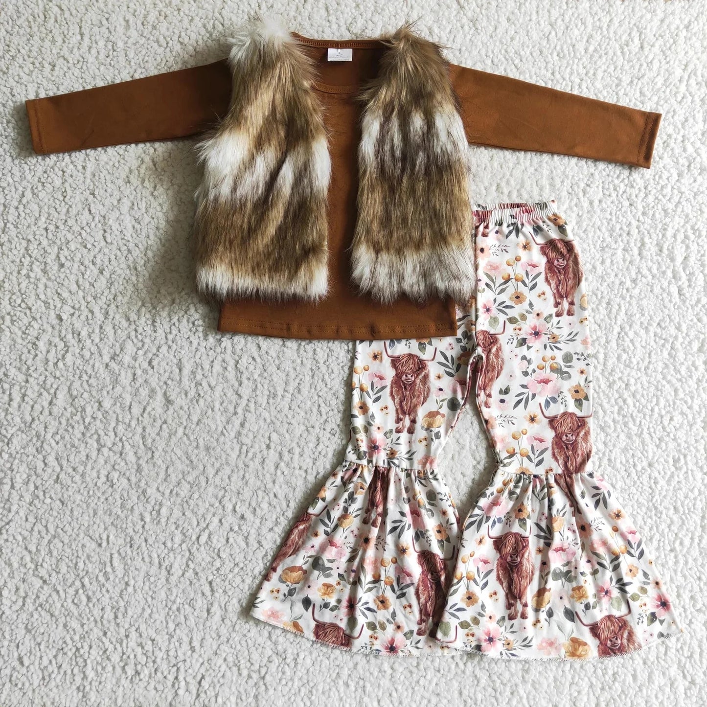 VE0001 Brown and Off-White Fur Vest+GLP0277 Girls Brown Long Sleeve Alpine Gloria Trouser Set