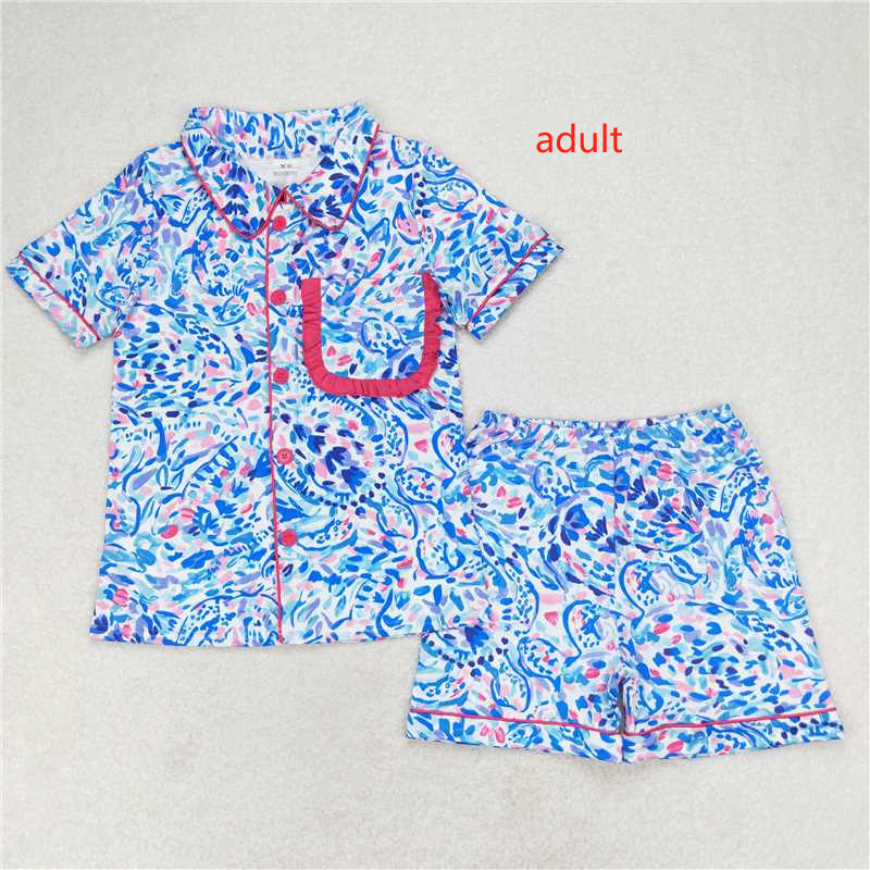 RTS NO MOQ Adult Girls Button Short Sleeve Shorts Pajama Set & kids shorts sets