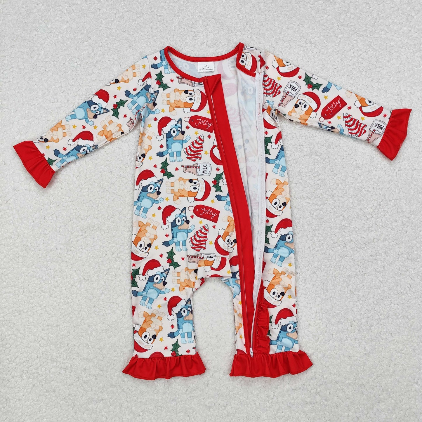 RTS NO MOQ ETA 5/7days arrived LR1685 bluey Christmas milk cookie lace red and white zipper long sleeve jumpsuit