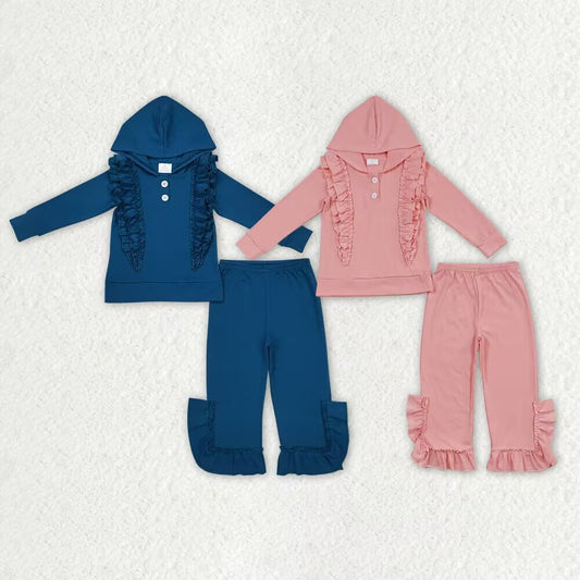 RTS NO MOQ Boys and girls solid color ruffled edge button hooded pullover long sleeve suit