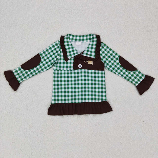 GT0284 Embroidery Mallard Puppy Green White Plaid Brown Lace Zipper Long Sleeve Top