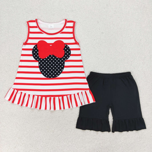 RTS NO MOQ GSSO1022 Bow Minnie Mickey red striped sleeveless black shorts set