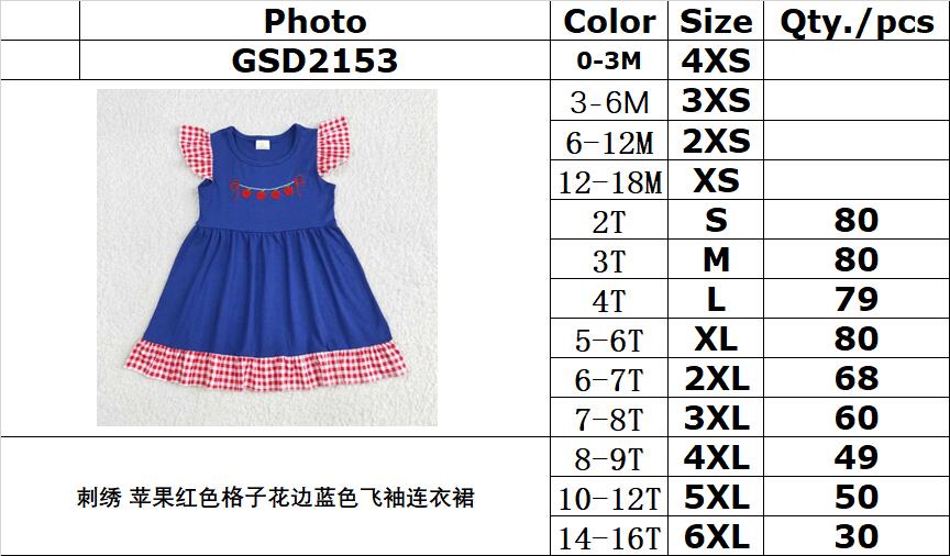 RTS NO MOQ GSD2153 Embroidered apple red plaid lace blue flying sleeve dress