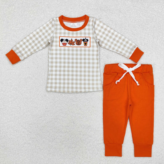 RTS NO MOQ ETA 5/7days BLP0696 Mickey Maple Leaf Jack-O'-Lantern Plaid Long Sleeve Orange Pants Set